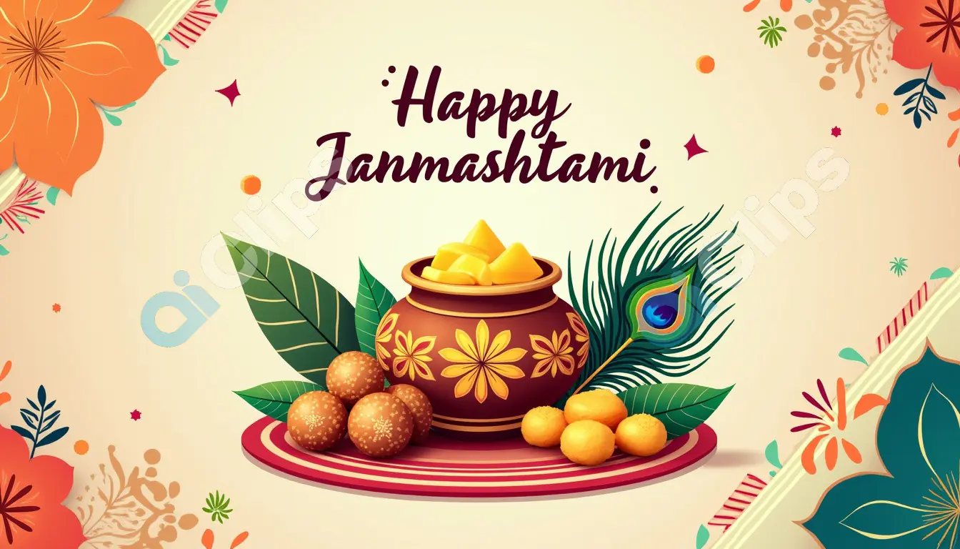Happy Janmashtami Greeting with Pot and Peacock Feather