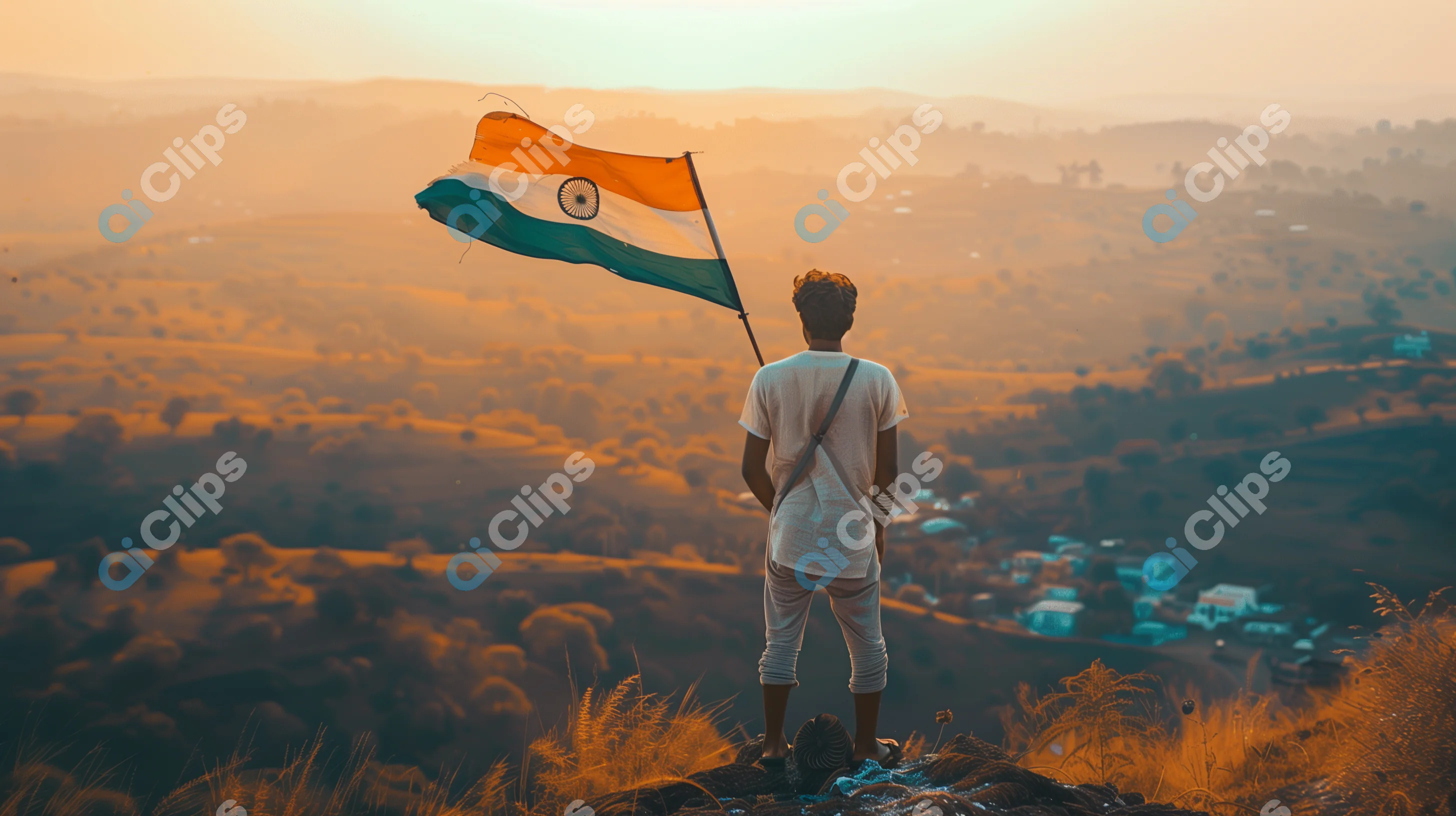 Man Holding Indian Flag at Sunrise