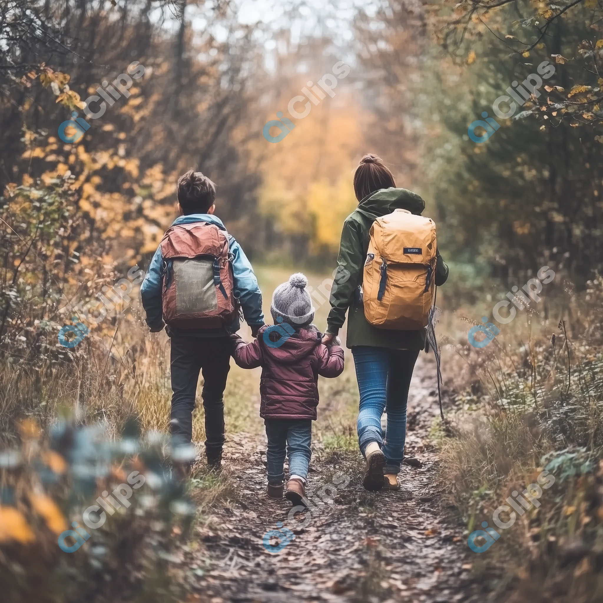Family Hiking in Autumn Forest