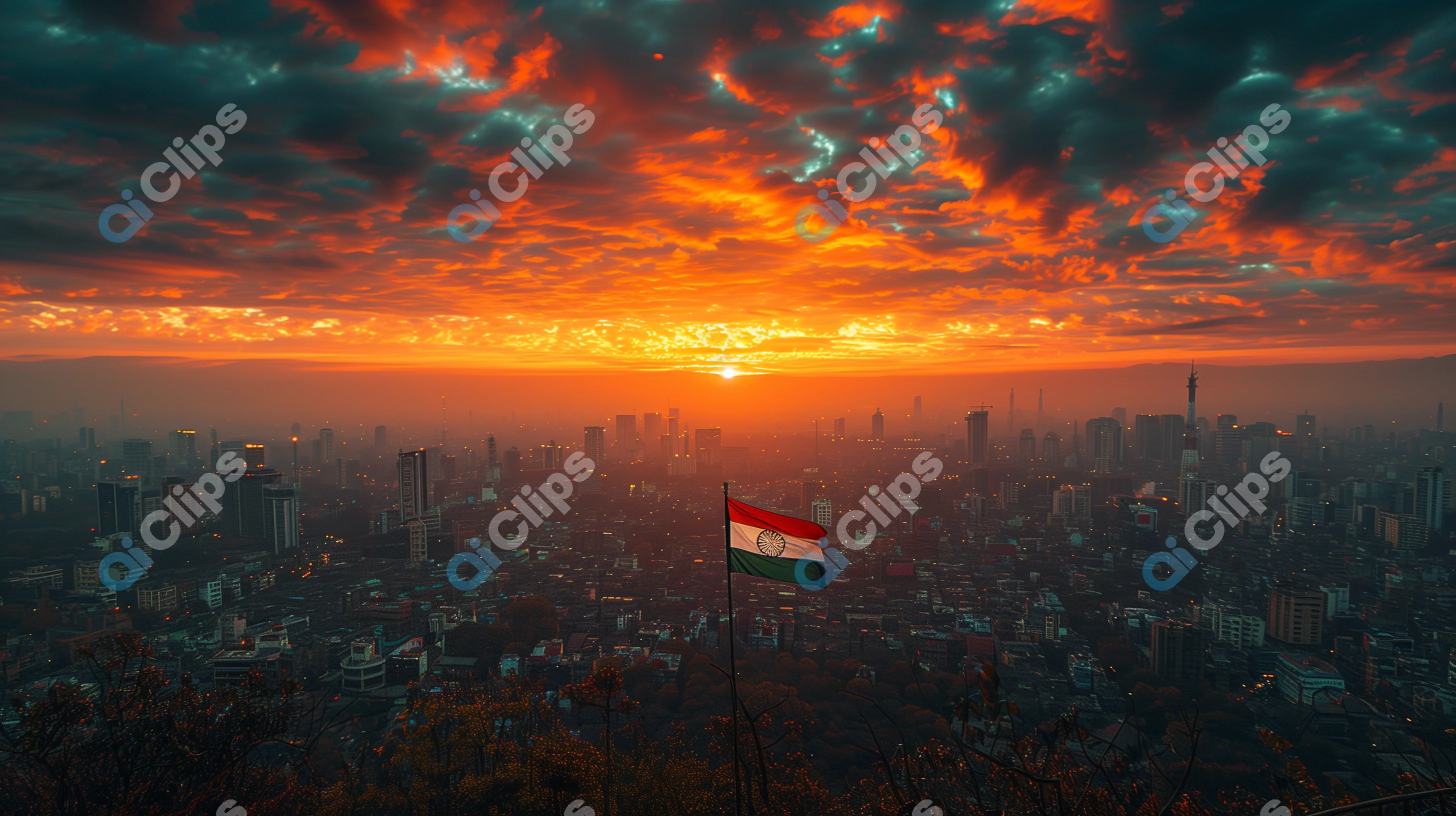 Indian Flag at Cityscape Sunset