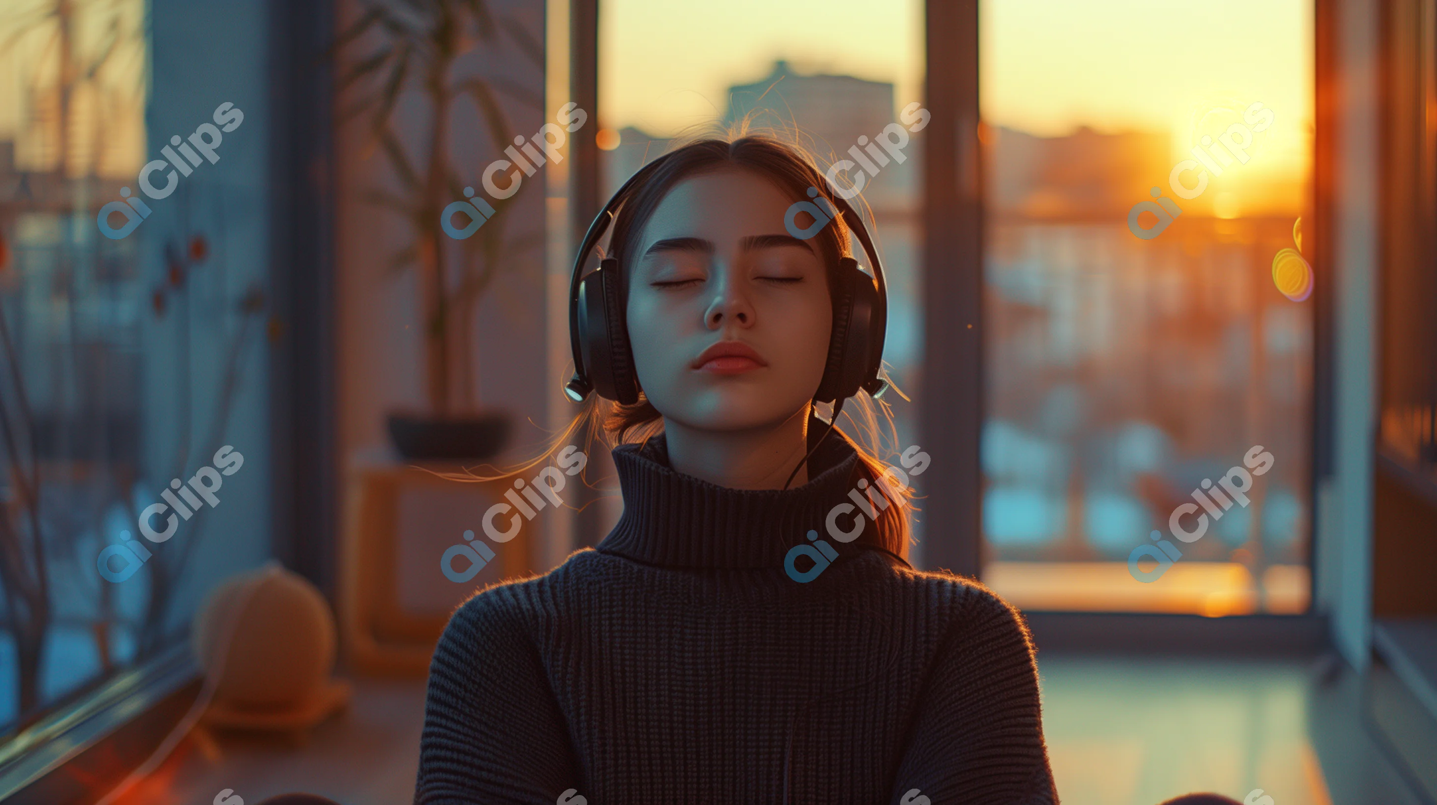 Woman Relaxing with Headphones at Sunset