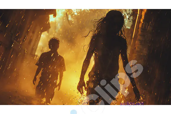 Silhouetted Figures in Rain
