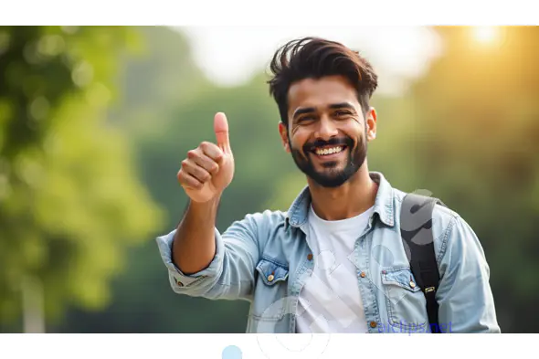 Smiling Young Man Giving a Thumbs Up in Natural Setting