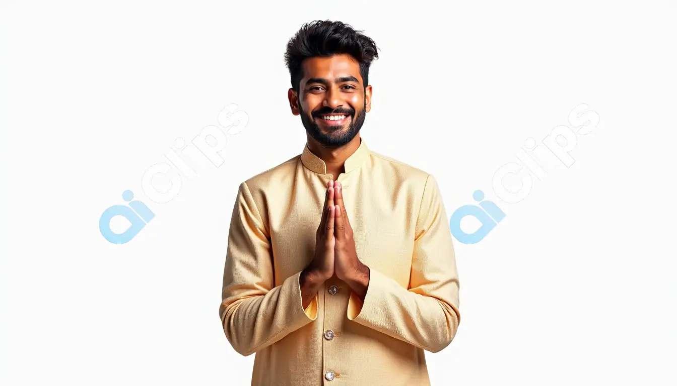 Indian Man in Traditional Wear Greeting with Namaste Gesture
