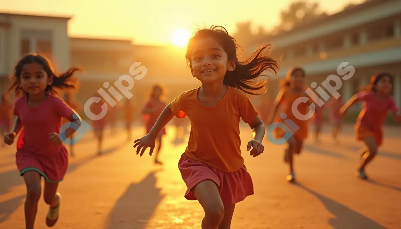Happy Girls Running at Sunset During School Playtime