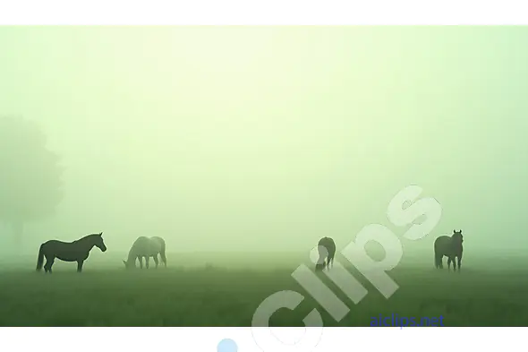 Horses Grazing in Morning Fog