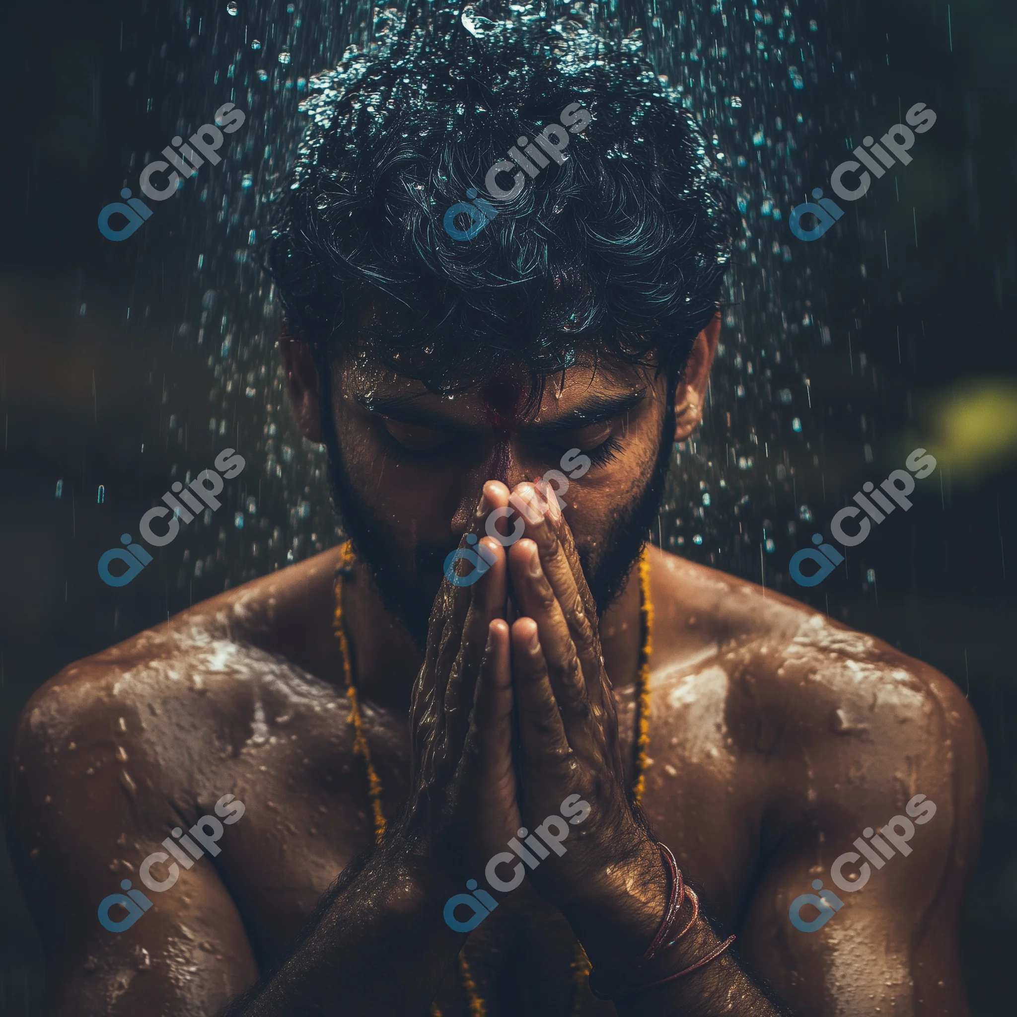 Meditative Indian Man Praying Under Rainfall
