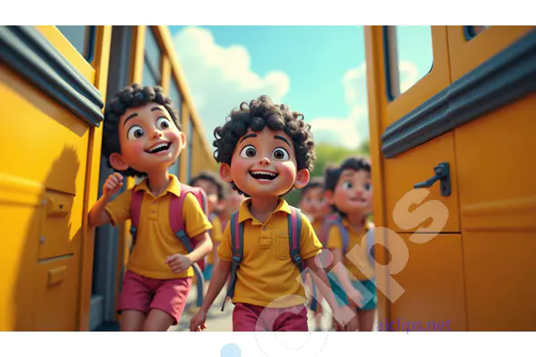 Excited School Children Boarding a Bus - Animated Scene