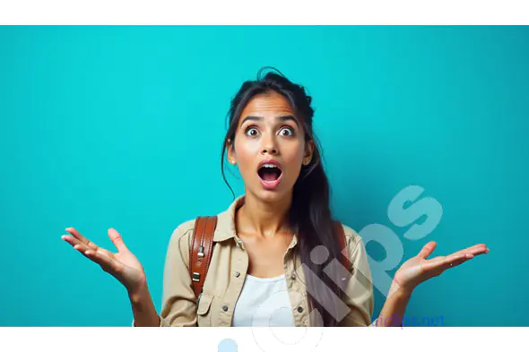 Surprised Young Woman with Open Mouth and Raised Hands