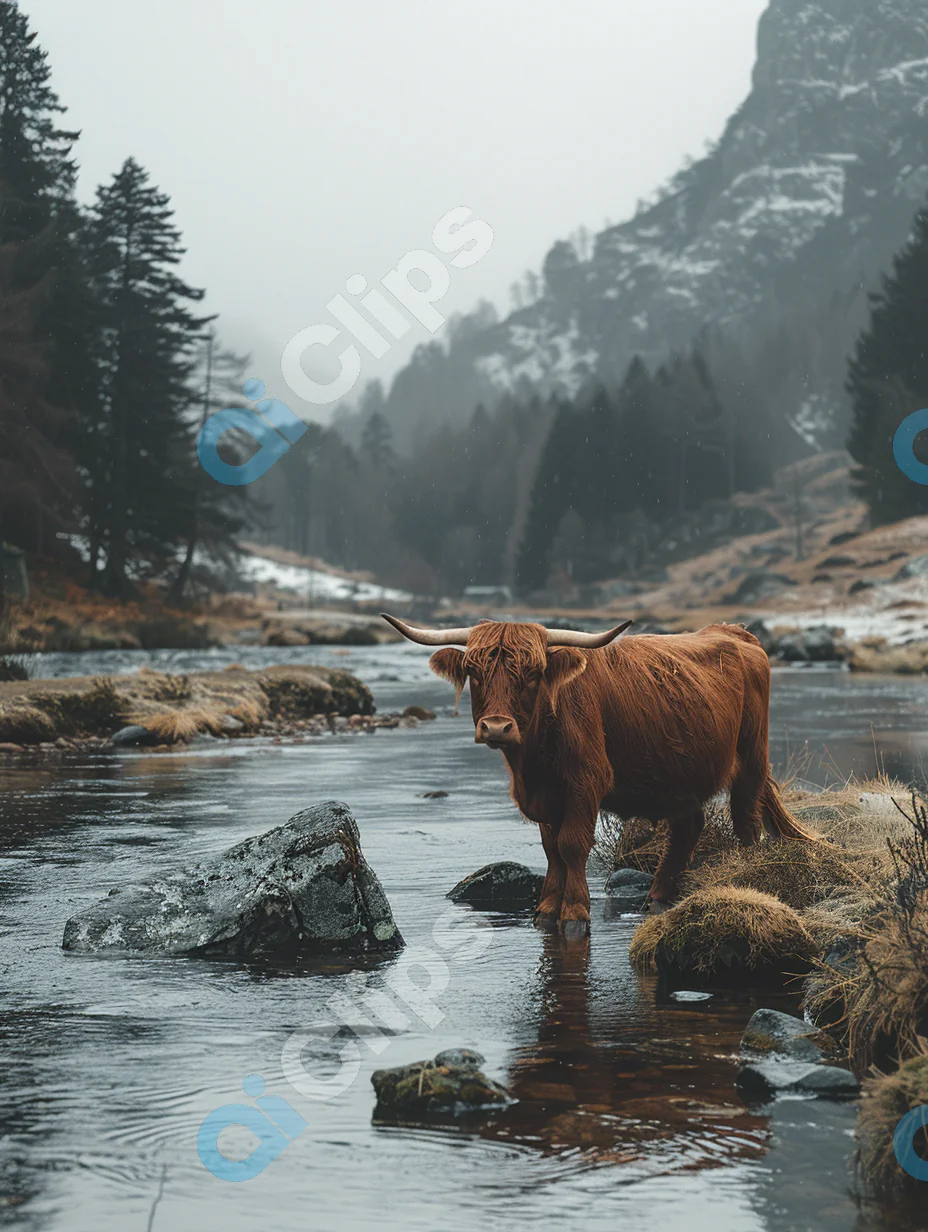 Highland Cow in Mountain Stream