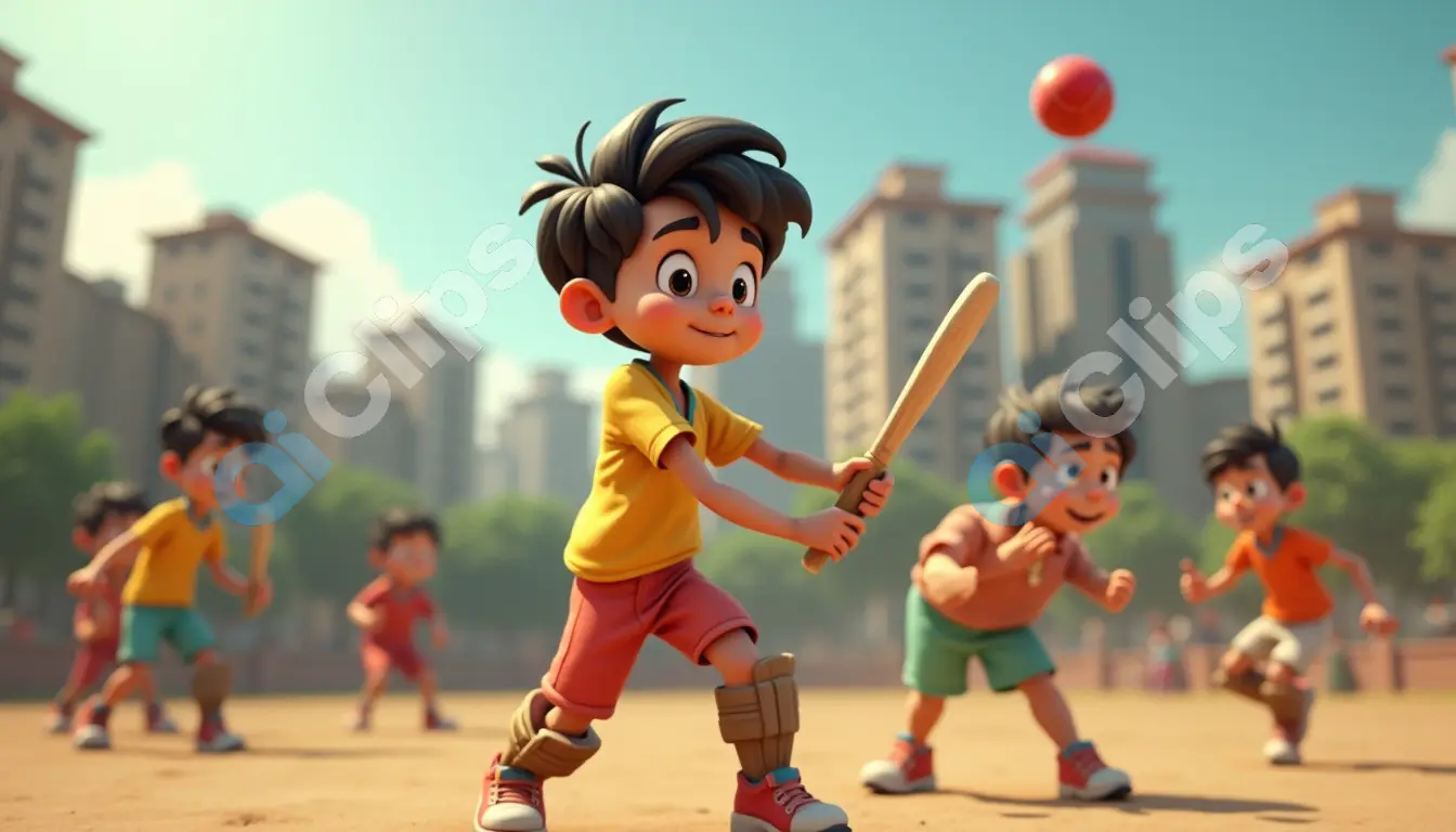 Animated Kids Playing Cricket in Urban Playground