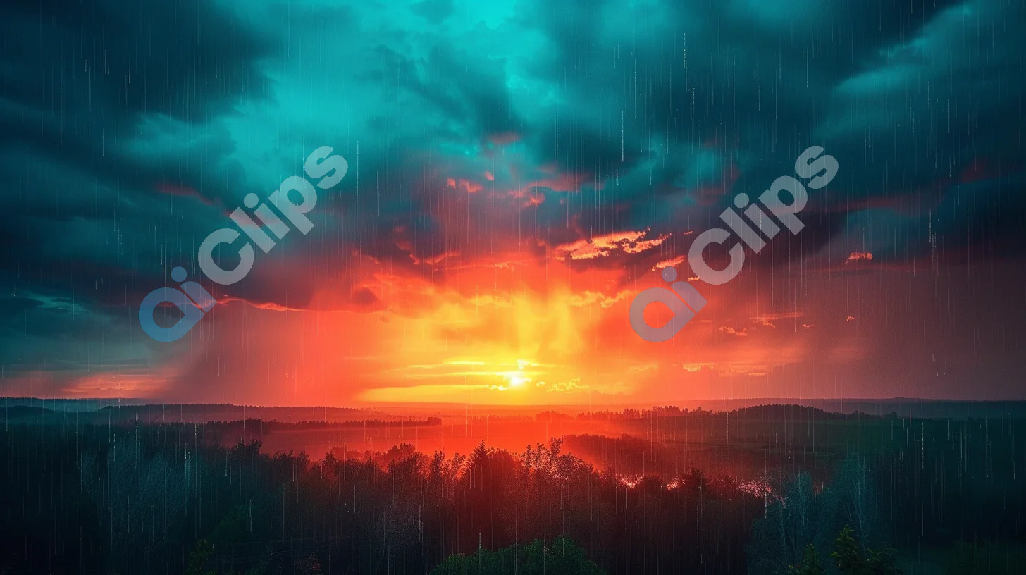 Rainy Sunset Over Forest