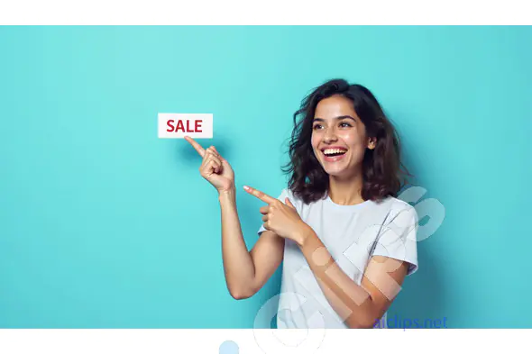 Smiling Young Woman Pointing to "SALE" Sign on Blue Background