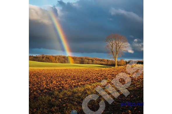 Serene Landscape with Rainbow and Lone Tree