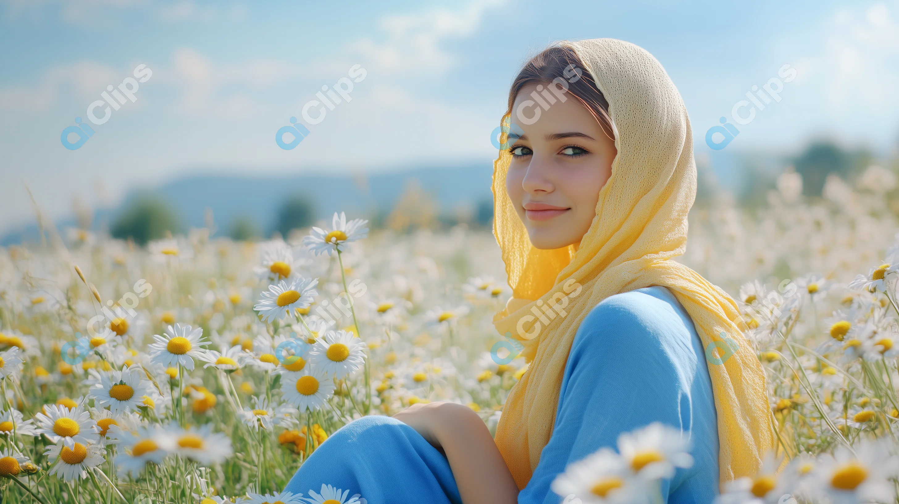 Serene Woman in Field of Daisies