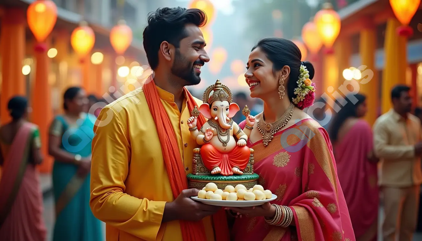 Joyful Couple Celebrating Ganesh Chaturthi