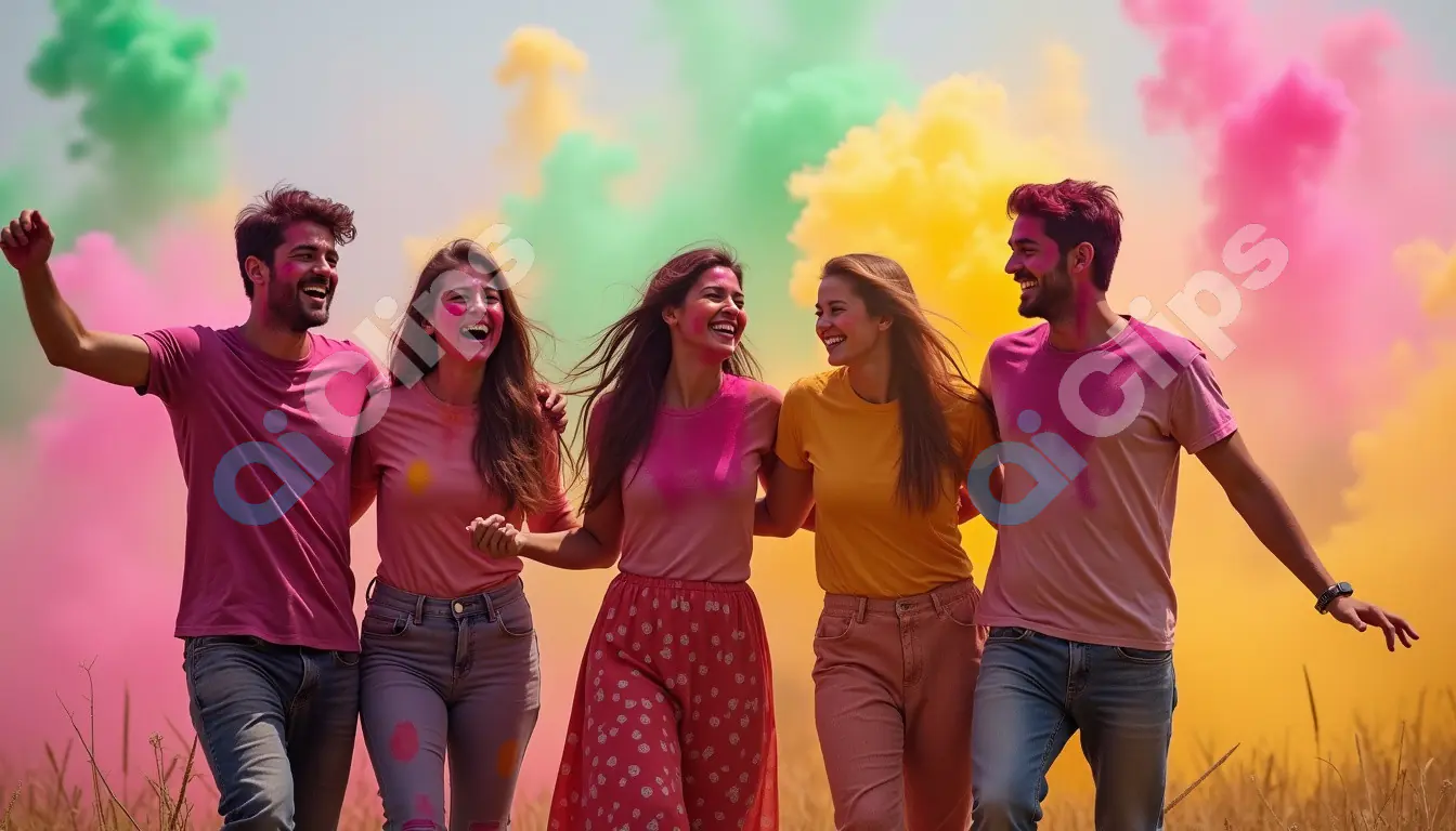 Group of Friends Celebrating Holi with Colorful Smoke