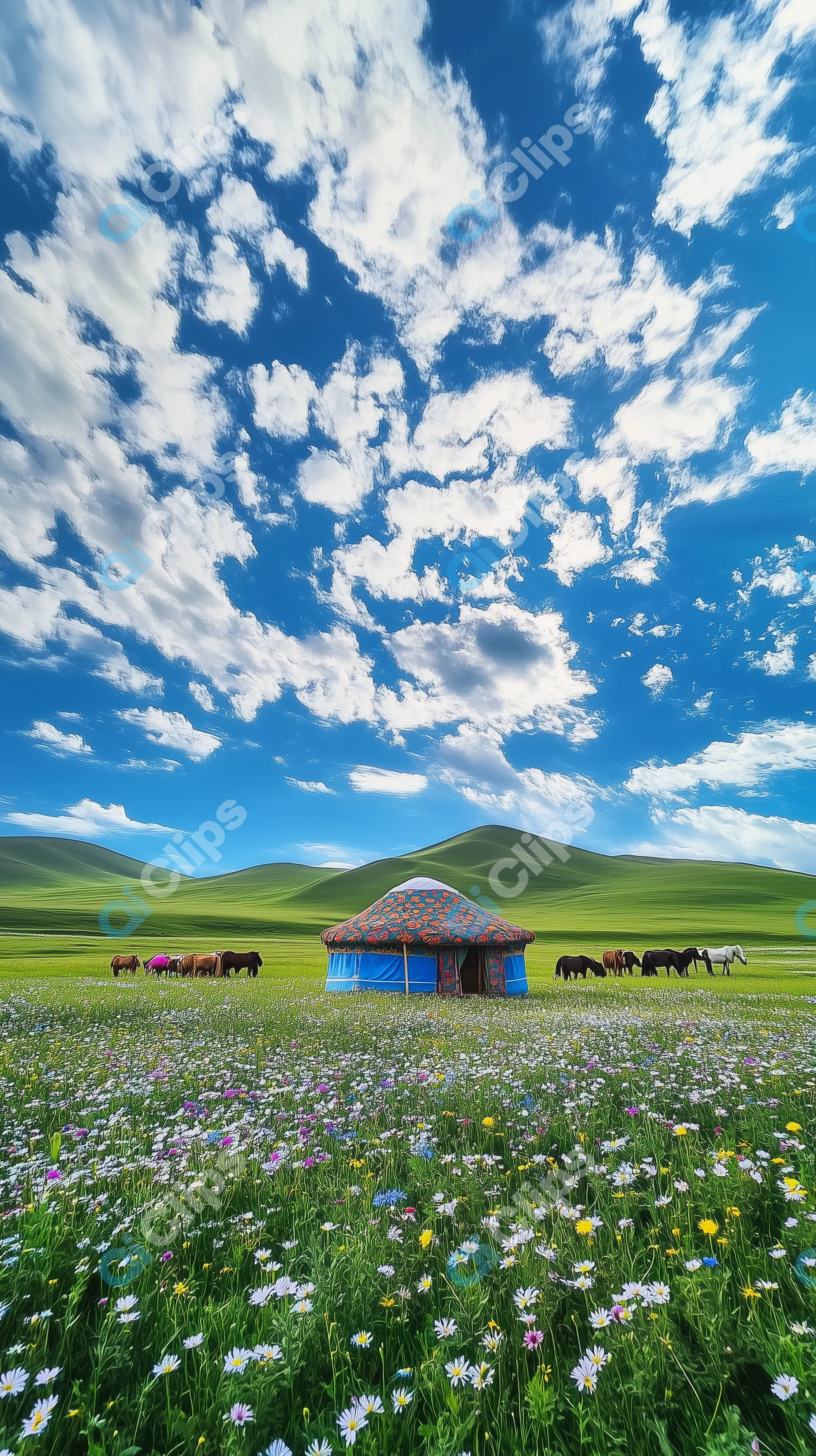 Yurt in Blooming Meadow under Blue Sky