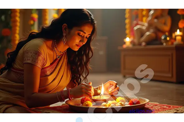 Woman Lighting Diya in Traditional Ritual