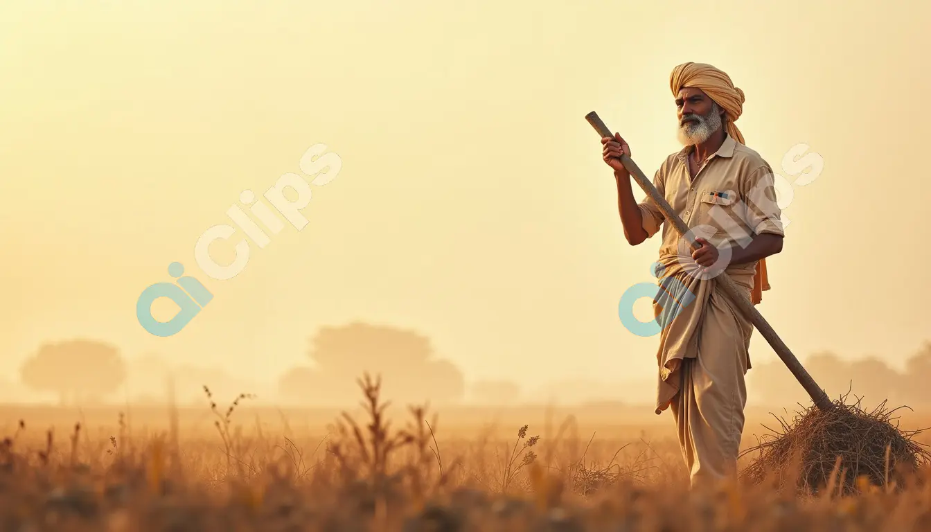 Indian Farmer in Golden Wheat Field at Sunset