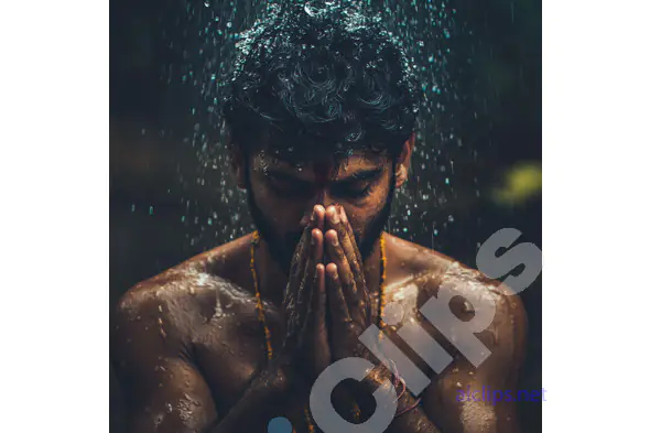 Meditative Indian Man Praying Under Rainfall