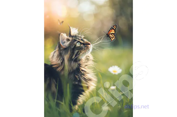 Cat and Butterfly in Meadow