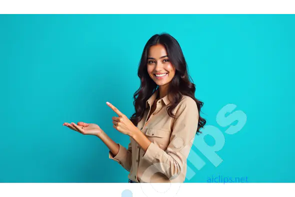 Smiling Woman Pointing and Presenting on Turquoise Background