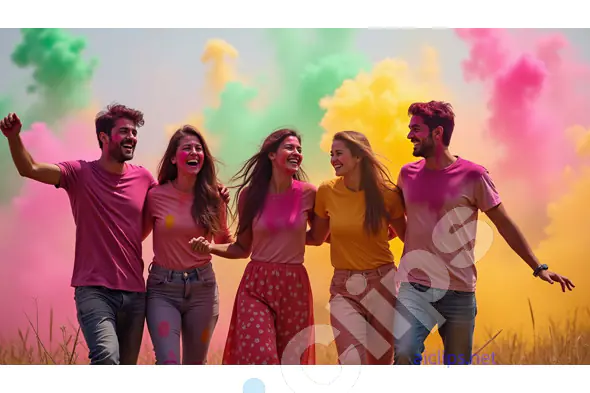 Group of Friends Celebrating Holi with Colorful Smoke