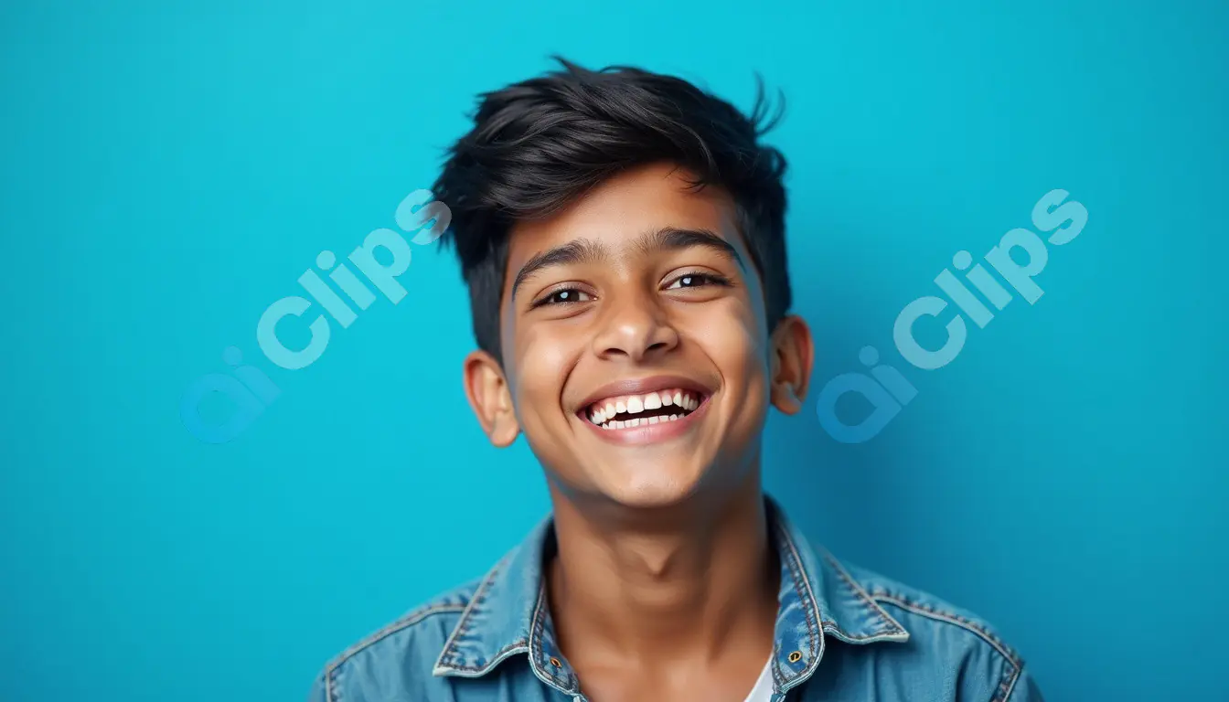 Smiling Indian Boy with Denim Jacket on Turquoise Background