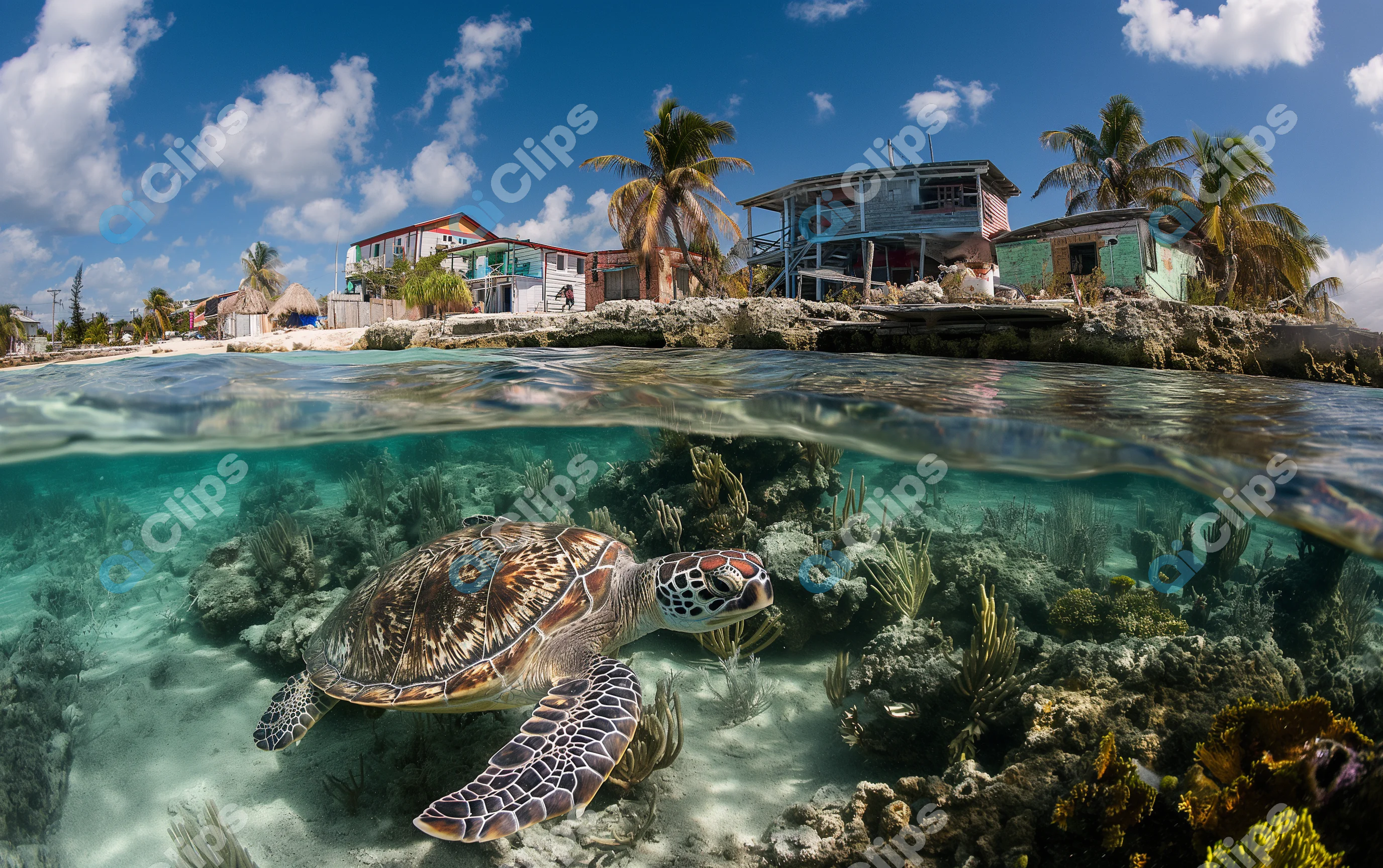 Sea Turtle Under Coastal Village