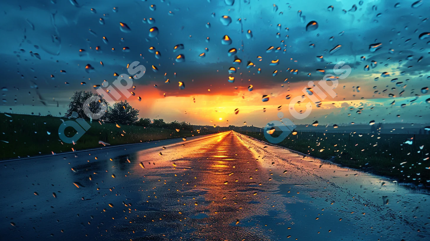 Rainy Road at Sunset