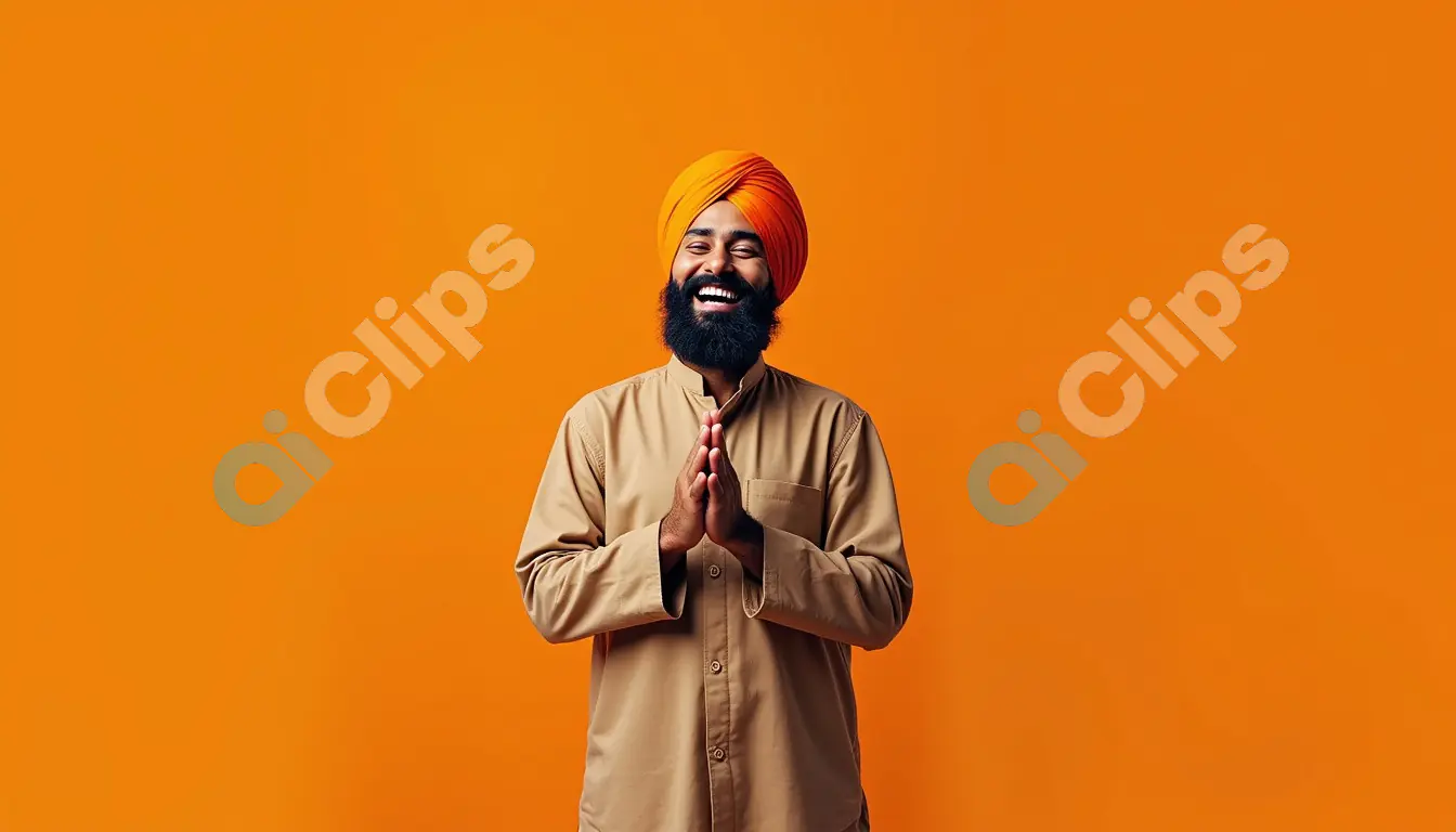 Cheerful Sikh Man in Traditional Turban Greeting with Namaste