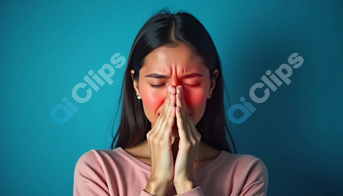Young Woman with Sinus Pain Highlighted in Red