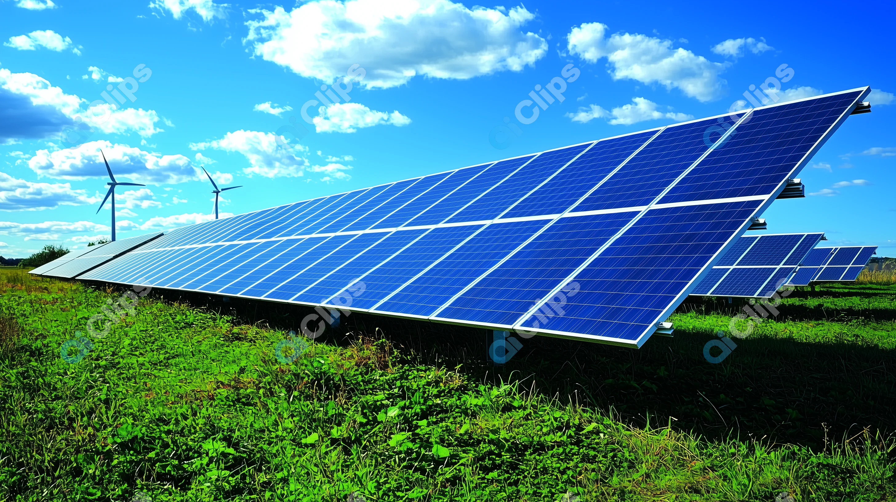 Solar Panels and Wind Turbines in Green Field