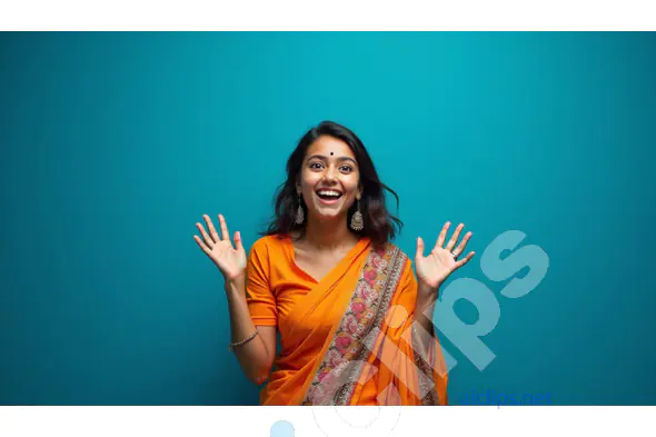 Joyful Indian Woman in Orange Saree
