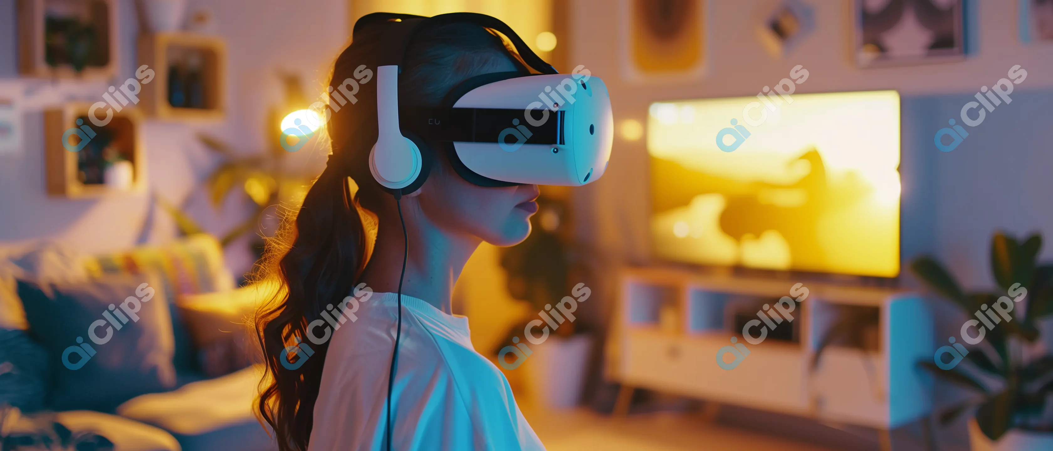 Woman Using VR Headset at Home