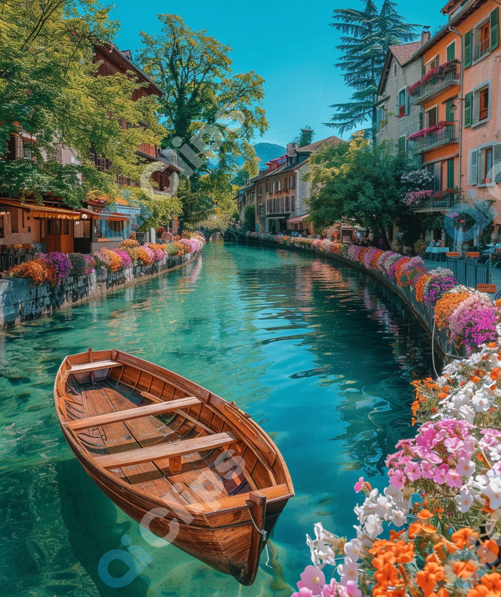 Idyllic Canal with Wooden Boat