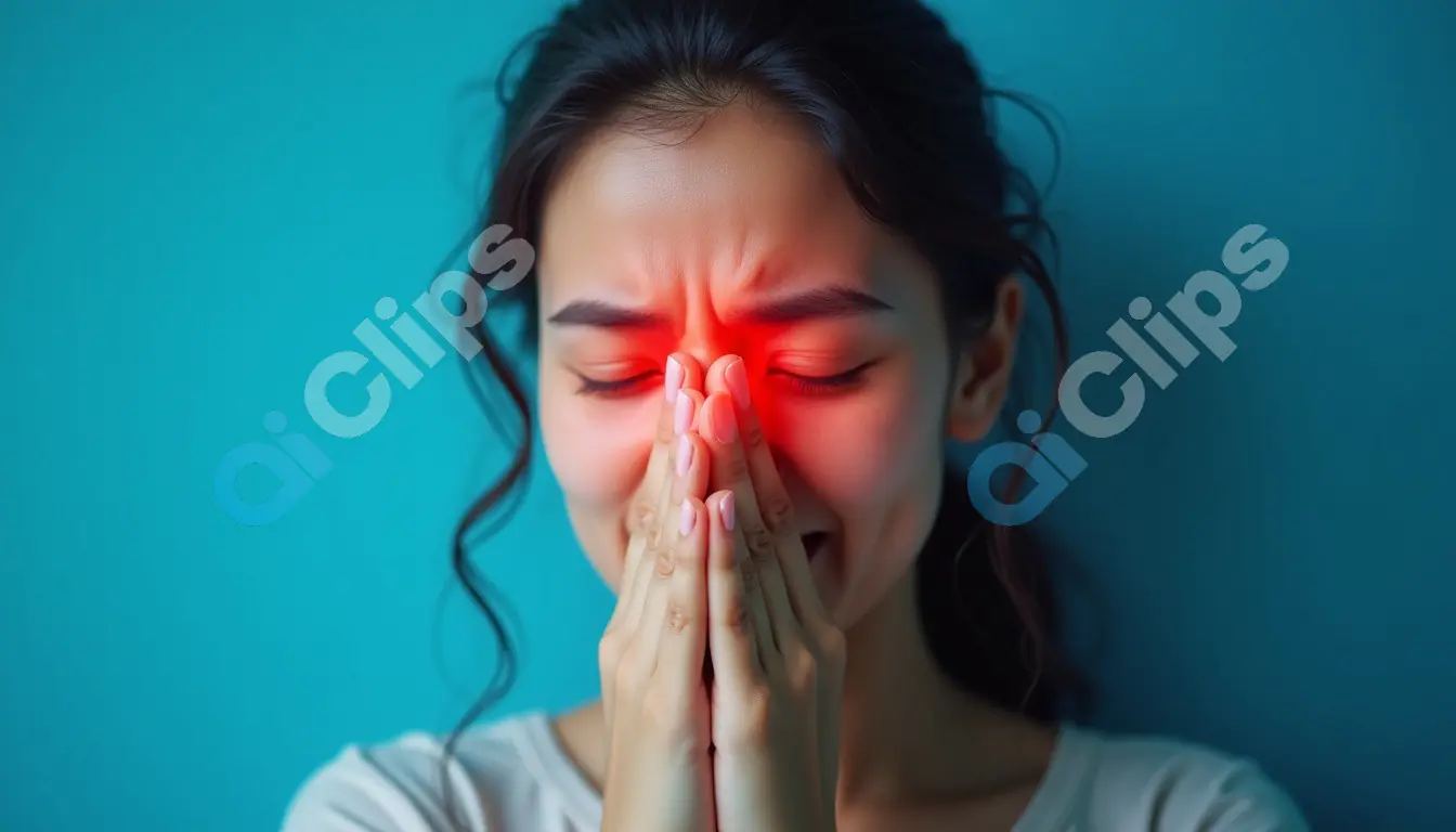 Woman Suffering from Sinus Pain with Highlighted Area