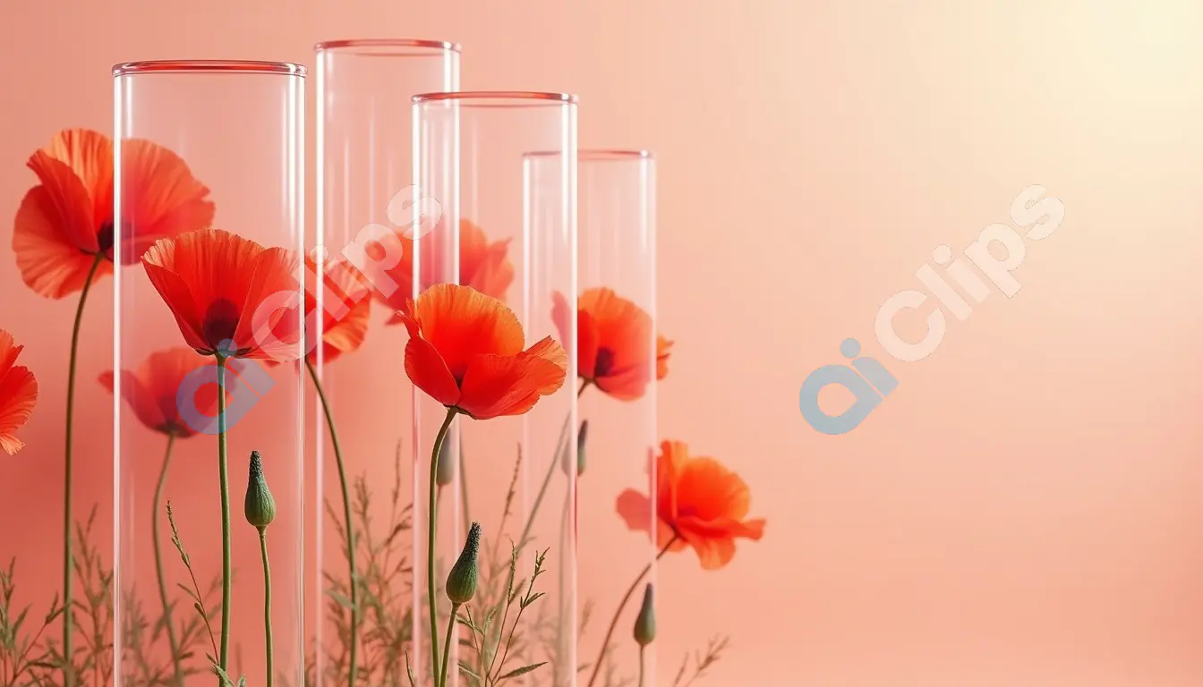 Red Poppies in Tall Glass Cylinders on Peach Background
