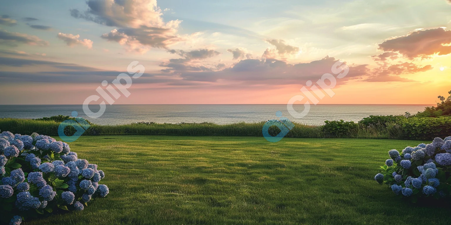 Coastal Sunset with Hydrangeas