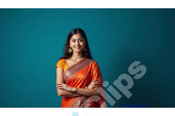 Traditional Indian Woman in Orange Saree with Crossed Arms