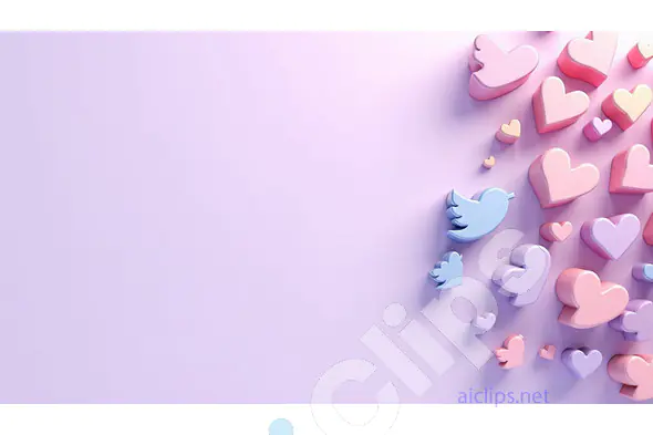 3D Twitter Icons and Hearts on Lavender Background