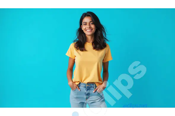 Happy Young Woman in Yellow T-Shirt and Blue Jeans