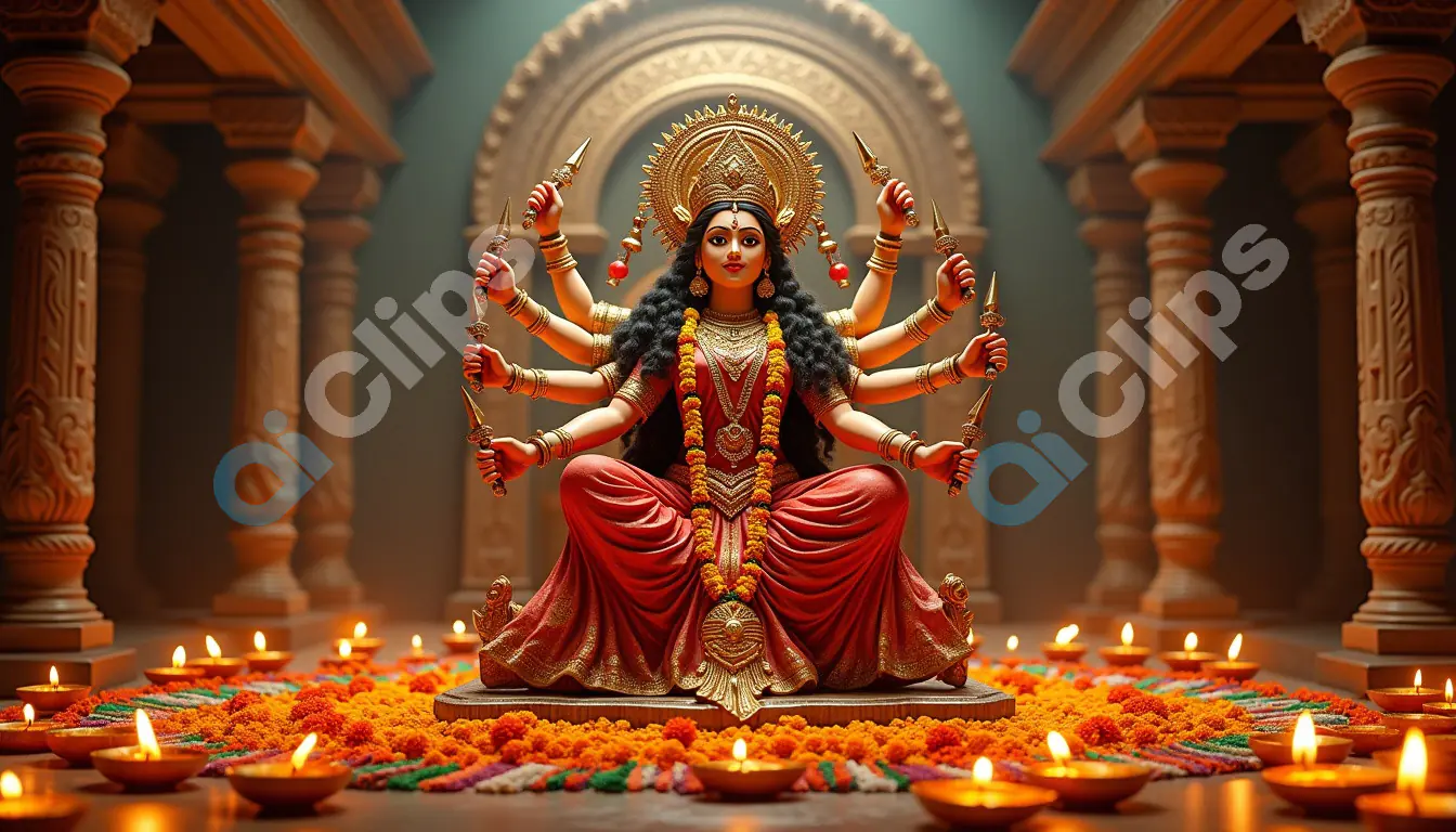 Majestic Goddess Durga in a Temple Setting