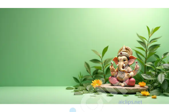 Lord Ganesha Idol with Greenery on Vibrant Green Background