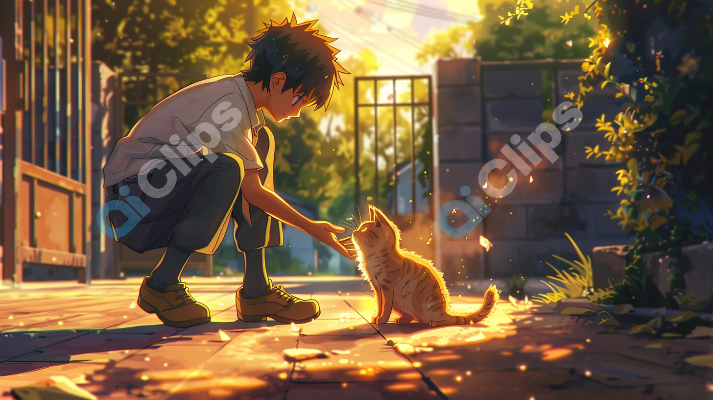 Boy and Cat at Sunset