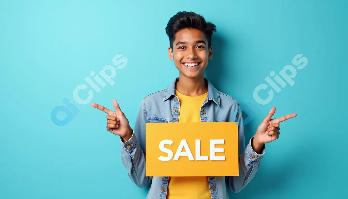 Happy Teenager Holding "SALE" Sign on Blue Background