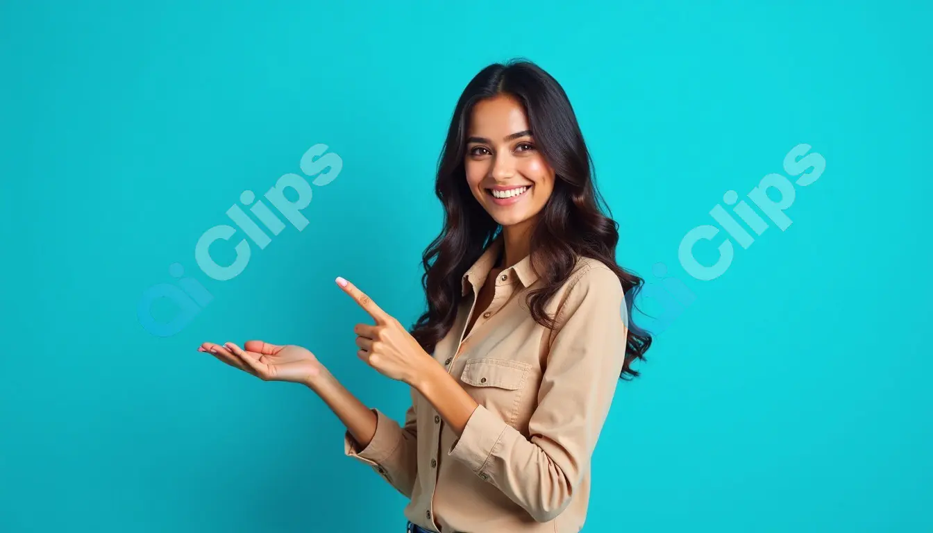 Smiling Woman Pointing and Presenting on Turquoise Background