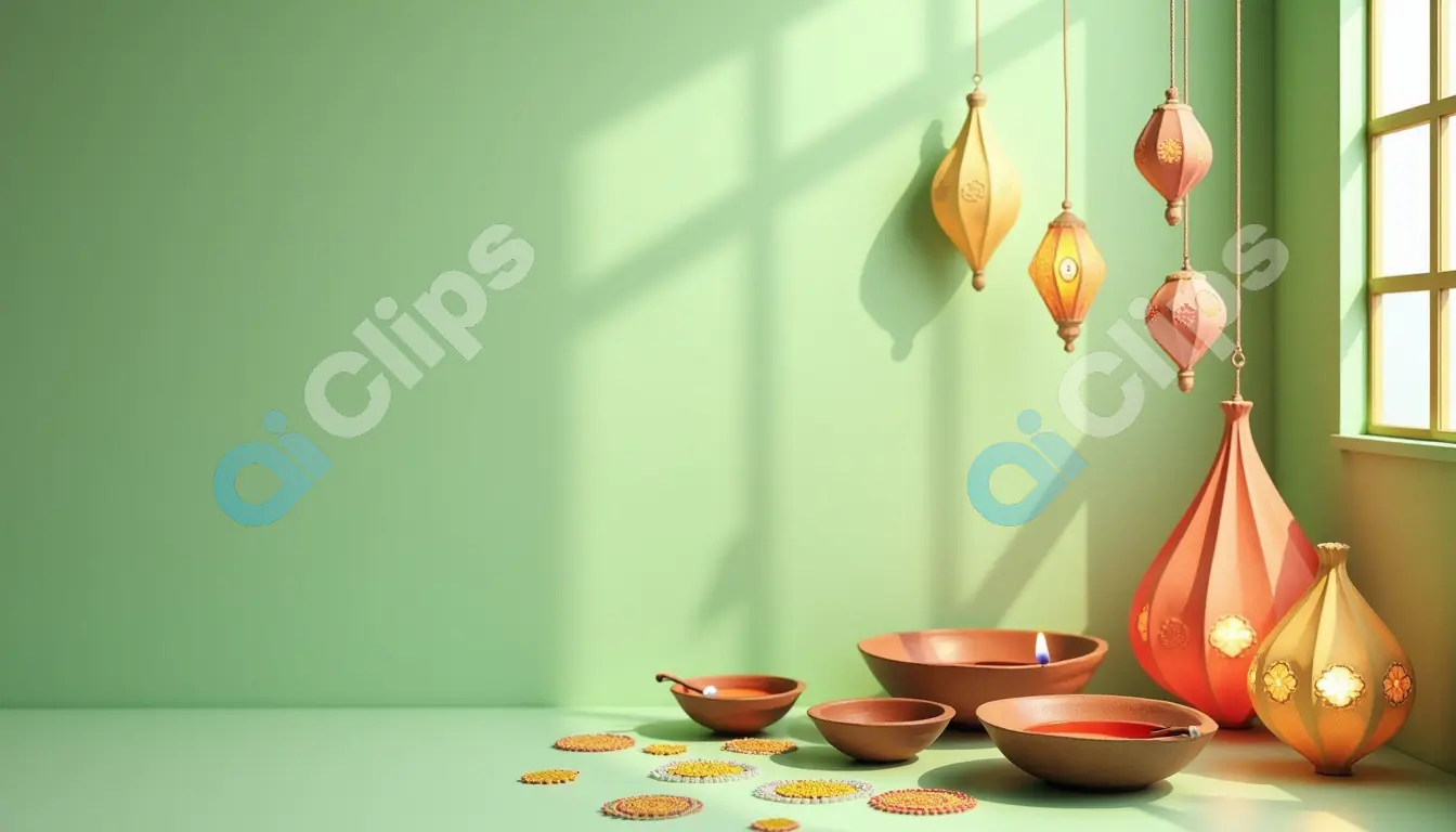 Festive Diwali Decor with Clay Diyas and Lanterns