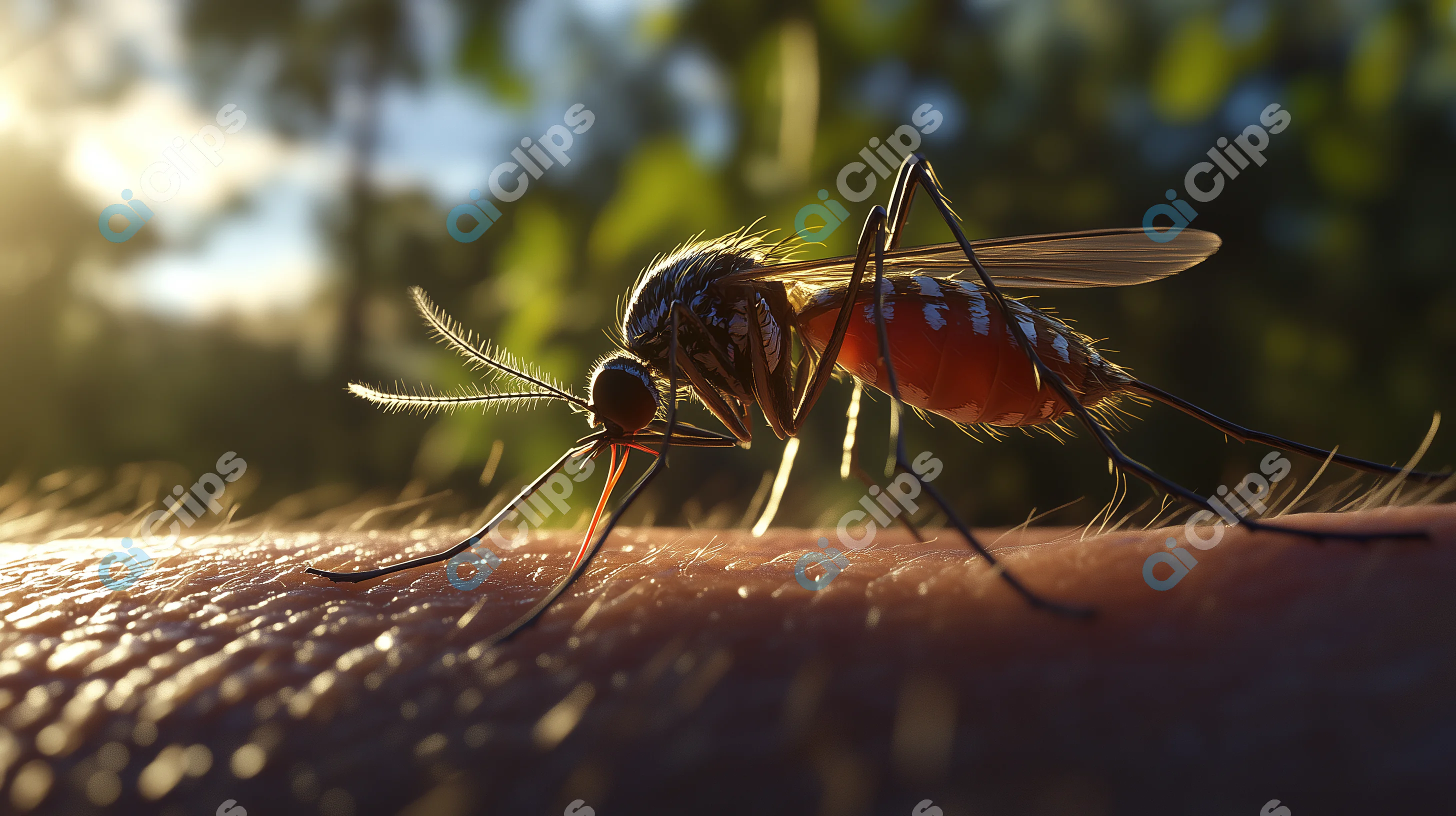 Close-Up of Mosquito Feeding on Human Skin